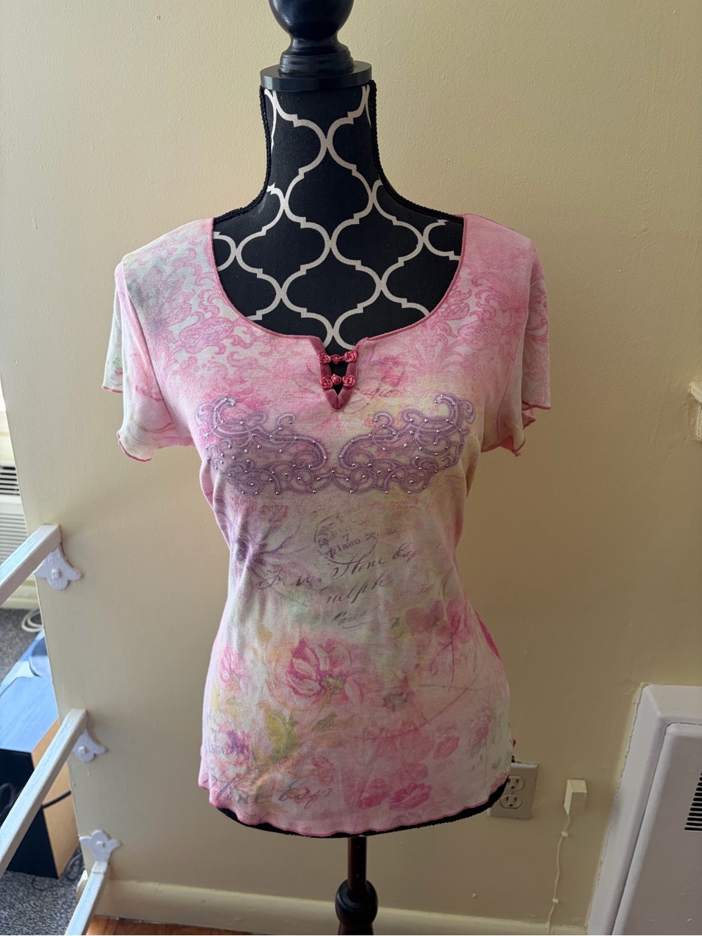 Y2K ONE WORLD Pink Floral Short Sleeve Embellished Tee